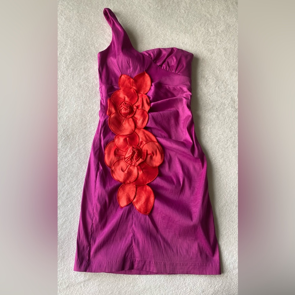 Sequin Hearts 💞 one shoulder fuscia and red floral appliqué bodycon sheath dress - Picture 5 of 12